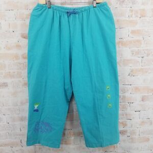 Play Alegre Hand Painted Pants Women's XL Linen Blend Turquoise Wearable Artwork